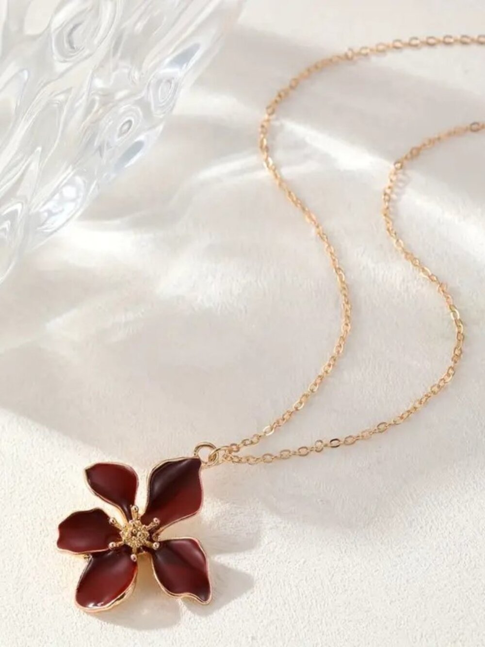 Maroon Flower Pendant Necklace Women Fashion Floral Charm Jewelry Gift Cute